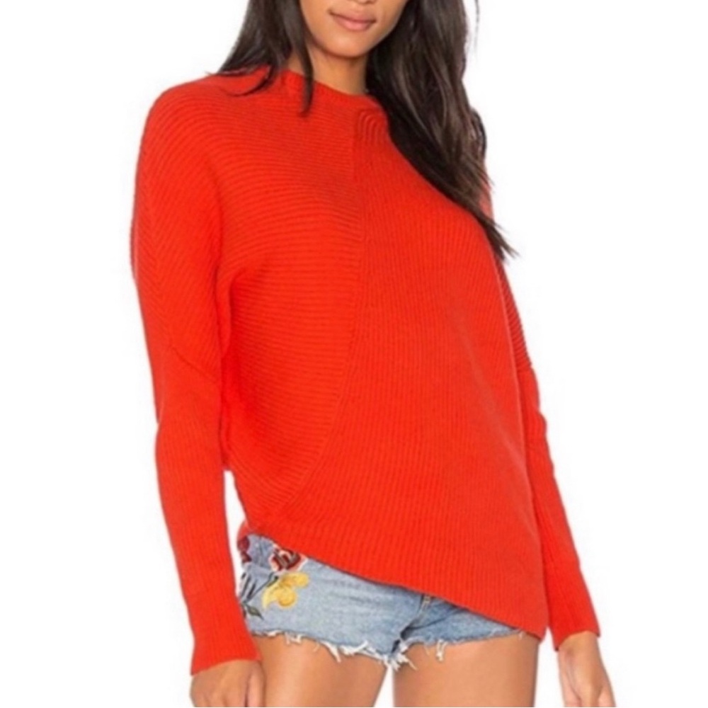 Free People Asymmetrical Waffle Knit RedOrange Oversized Sweater Small